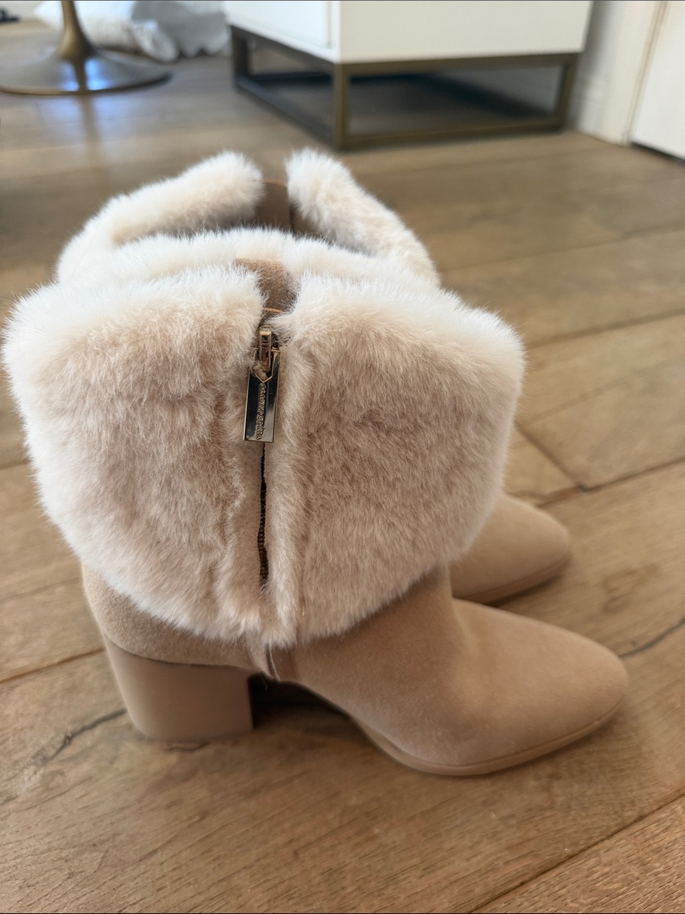Vince Camuto Cream Faux Fur Fold-Over Ankle Boots - Picture 1 of 5